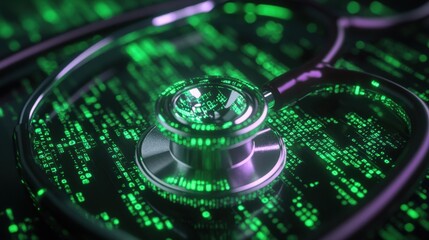 High-tech medical care concept: a stethoscope surrounded by glowing green and purple binary code, floating in darkness.