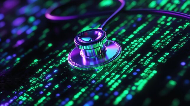 High-tech medical care concept: a stethoscope surrounded by glowing green and purple binary code, floating in darkness.