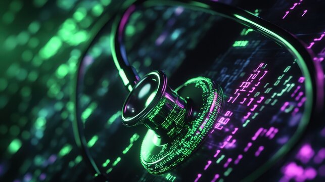 High-tech medical care concept: a stethoscope surrounded by glowing green and purple binary code, floating in darkness.
