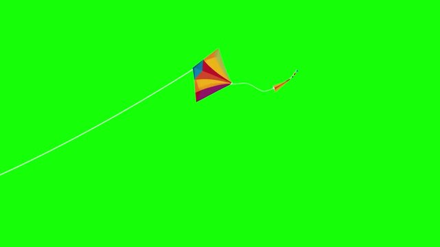 Colorful flying kite with long tail soars in the air, cartoon, footage, mockup, loop, chroma key	
