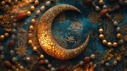 A crescent moon, a symbol of hope, hangs serenely above a vibrant tableau of prayer beads, prayer rugs, and a bounty of dates, a testament to the joyous occasion of Eid al-Fitr.