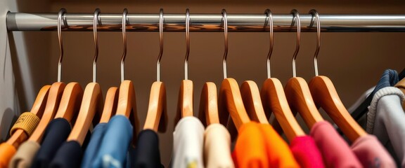 Neat row of wooden hangers on a wardrobe rail, tidy,  clothes storage