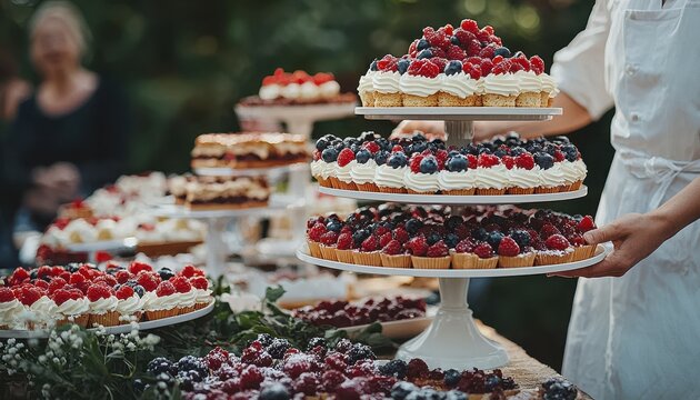 In a captivating display of willpower, a person stands firm against the allure of a lavish dessert table laden with sugary temptations This image celebrates self-control and mindful choices
