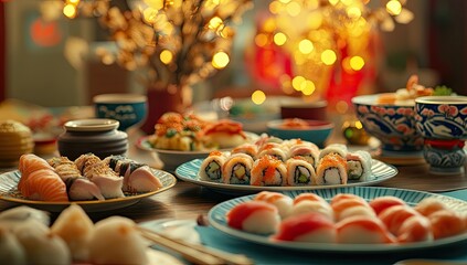 Festive Asian Dinner Table Setting with Sushi and Food