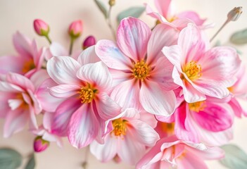 Fototapeta premium Pastel watercolor blooms on a creamy background, soft focus, floral background, art