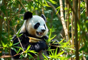 Peaceful panda enjoys bamboo lunch in sun-dappled clearing, nature, black and white