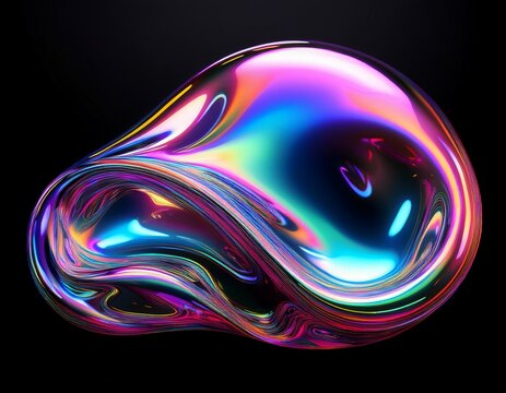 bold holographic liquid blob shape isolated iridescent wavy melted substance on black background