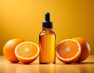 a dropper bottle filled with bright orange liquid is positioned between two halved oranges against a vibrant yellow background