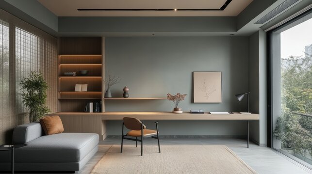 A minimalist, unassuming workspace, its walls painted in soft tones, offered a haven for focused productivity, its blurred lines hinting at a world of quiet concentration.