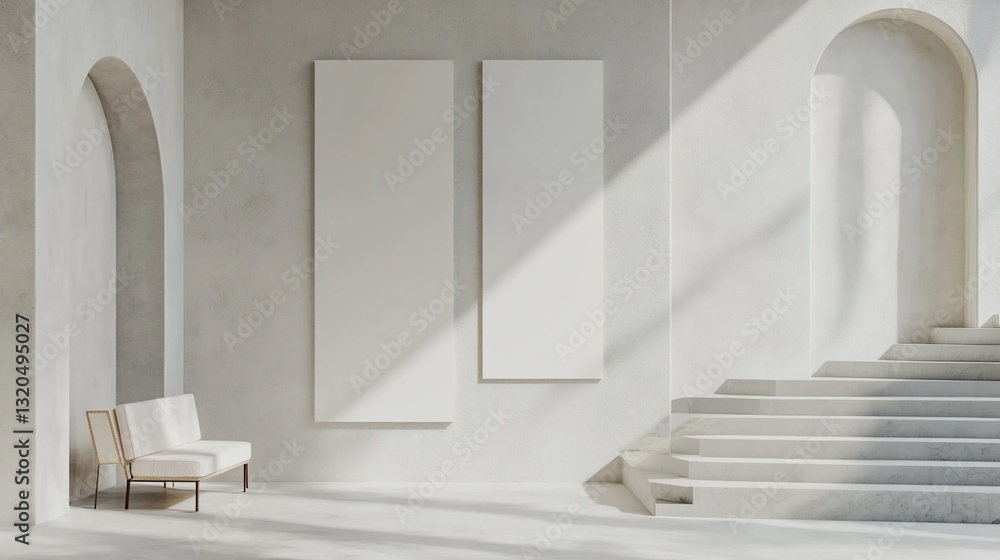 Poster minimalist architecture with arches, sunlight, and blank canvases for display