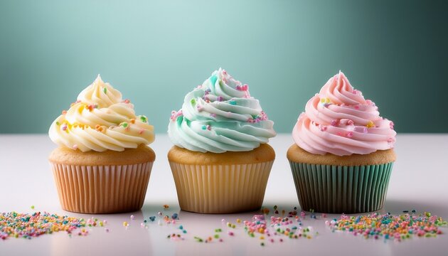 colorful cupcakes with whipped cream frosting and sprinkles on a light background with soft pastel colors for bakery and dessert themes