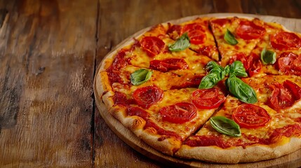 Freshly Baked Pizza Topped with Juicy Tomatoes and Fresh Basil on Rustic Wooden Table