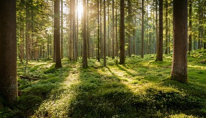 serene sunlit forest with lush green undergrowth peaceful woodland landscape