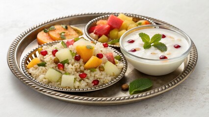 Delicious Fruit Salad with Couscous Yogurt and Pomegranate Seeds on a Silver Tray