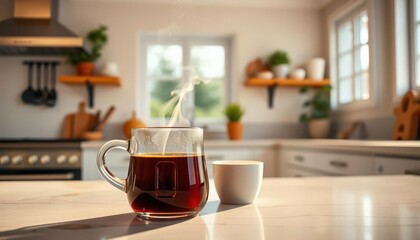 Rich aroma of freshly brewed coffee fills a bright kitchen, still life, modern