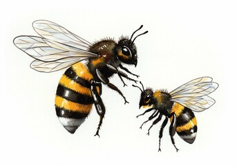 Striped patterns and detailed anatomy are captured in two watercolor-style illustrations of bees symmetrically arranged against a white background