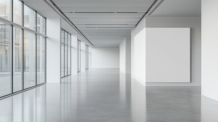 A pristine white office interior, its walls adorned with a mock-up wall, ready for your creative vision, offering a blank canvas for your design aspirations.