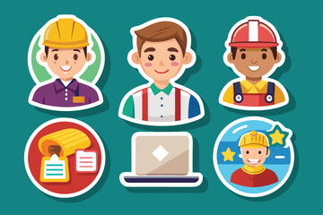 Colorful stickers showcase characters including a builder, a hotline operator, and a technician in a fun design, Stickers with waiter, hotline operator, builder and rating,