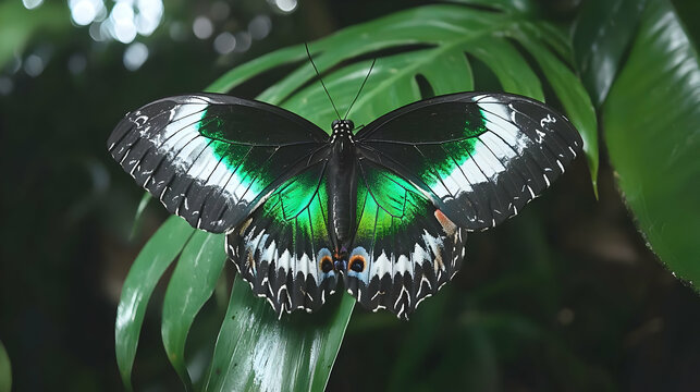 Emerald butterfly resting on leaf, jungle background, nature photography, stock image