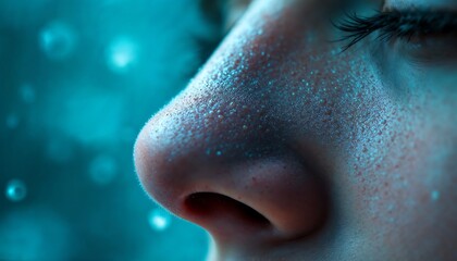 Fototapeta premium Close-up of Human Nose and Skin Texture with Water Droplets Detail