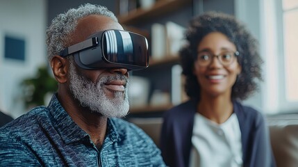 In a cozy living room, a smiling African American man with gray hair joyfully experiences virtual reality through a VR headset Beside him, a woman with glasses, possibly his caregiver or a friend