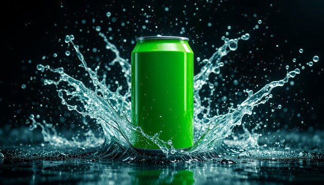 A vibrant green beverage can is centered in a dynamic water splash against a dark background.