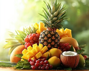 A vibrant arrangement of fresh fruits, including pineapple, grapes, and mango, showcasing nature's beauty.