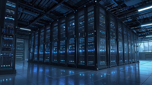 The Heart Of The Digital World Pulsates With Energy, A Mesmerizing Array Of Servers Glowing With Cool Blue Light In A Vast, Modern Data Center