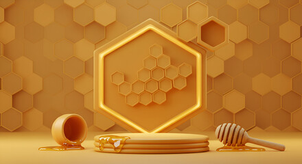 Honeycomb background product podium display 3d stand of natural honey bee pedestal template mockup,interior, template, set, isolated, yellow : Generative AI