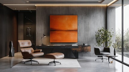 A sleek, minimalist office exudes luxury through its stark, yet sophisticated, dark concrete walls, accented by subtle pops of color from carefully chosen artwork and furniture.