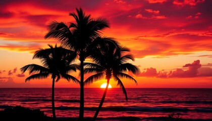 Obraz premium Silhouetted palms against fiery sunset over tranquil ocean, silhouette, red