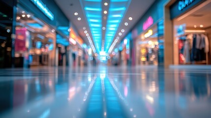 A vibrant, yet blurred, shopping mall corridor unfolds, its retail displays and department store interior lost in a bokeh effect backdrop, ideal for conveying a sense of modern urban life or business