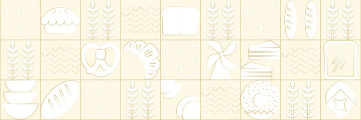 Abstract bakery menu background with line drawing. Geometric pattern bread, croissant, donut. Bakery line pattern.