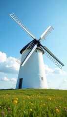 Classic white windmill, four long blades spinning, sunny day, image, eco, wide shot