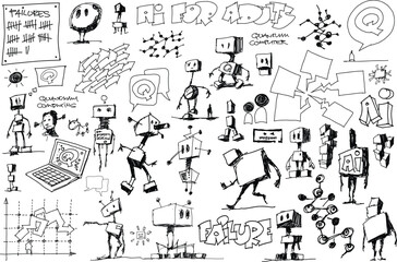hand drawn architectural sketches of artificial intelligence topics and robots and network structures and arrow and business graphs and quantum compters