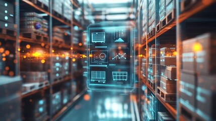 Futuristic Warehouse with Digital Interface for Inventory Management and Analytics