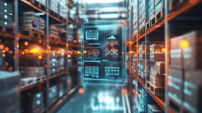 Futuristic Warehouse with Digital Interface for Inventory Management and Analytics