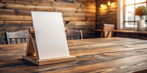 Fototapeta premium Blank Sheet Flyer Mockup with Holder on Wooden Table in Natural Light - Ideal for Marketing, Advertising, and Graphic Design Projects