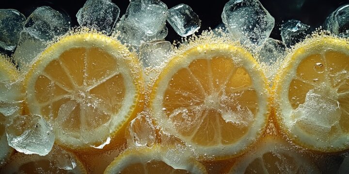 Fresh yellow lemon slices submerged in ice and sparkling water - Powered by Adobe