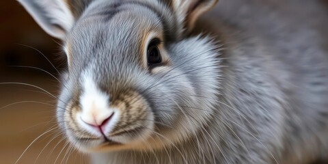 Soft gray rabbit with distinctive white muzzle markings and striking black eyes, black eyes,  cute bunny