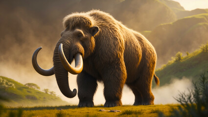 A 3D illustration of a Woolly Mammoth walking across a field in the sunset.