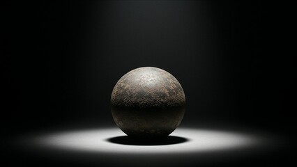Rusty metal sphere under dramatic spotlight