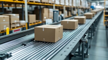 Naklejka premium Efficient Conveyor Belt System Transporting Cardboard Boxes in Modern Warehouse Environment