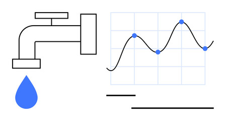 Faucet releasing water drop beside an analytics graph showcasing data points, grid, and curves. Ideal for sustainability, water conservation, statistics, efficiency, resource management