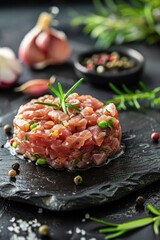 Fresh tuna tartare with herbs and peppercorns on rustic slate plate