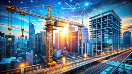 Fototapeta premium Digital Construction Crane Over City Blueprint in a Dynamic Tech Background - Futuristic Urban Development, Innovative Architecture, and Advanced Engineering Concepts