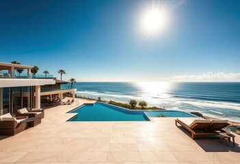 Sun-drenched beachfront mansion, expansive ocean views, turquoise water, resort