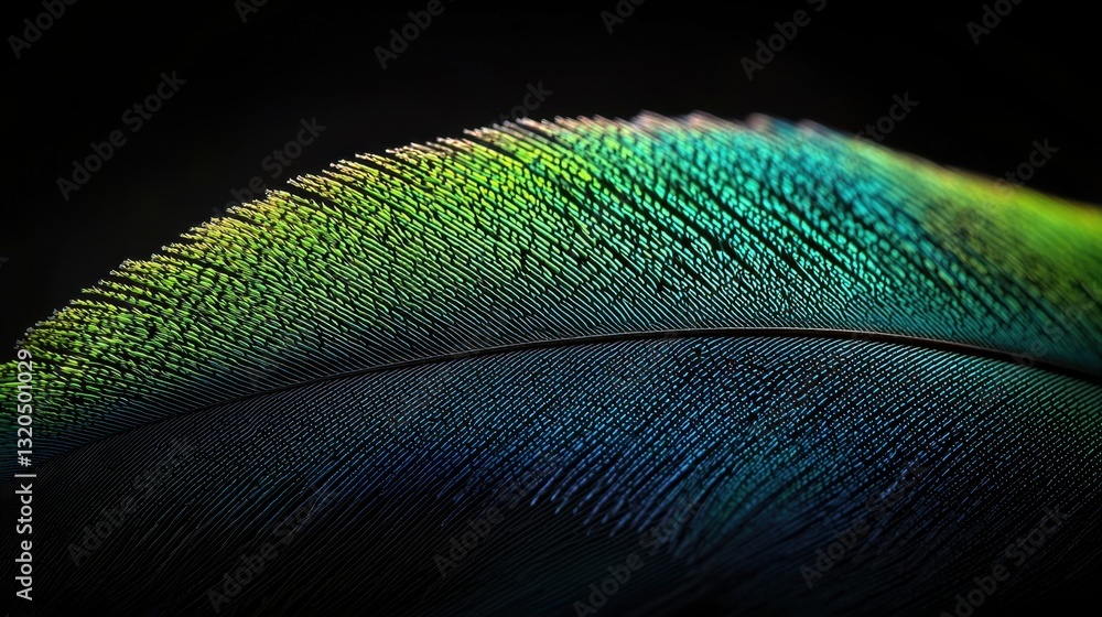 Poster macro shot of a green parrot feather with soft filaments, shimmering under diffused light, revealing