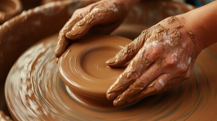 Potter creating clay vessel on pottery wheel