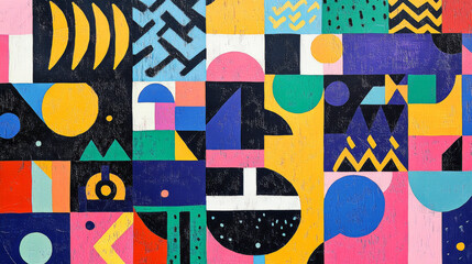 abstract mural featuring playful geometric shapes and colors